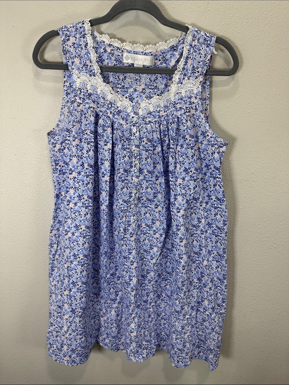 Eileen West Blue and White Floral Lace-Trim Nightdress